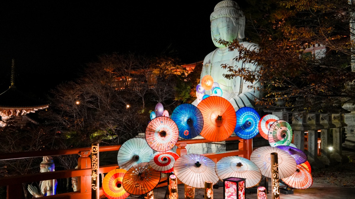 紅葉ライトアップ夜間拝観！壷阪寺で「光の巡礼」開催！和傘アートが彩る幻想的な秋の夜